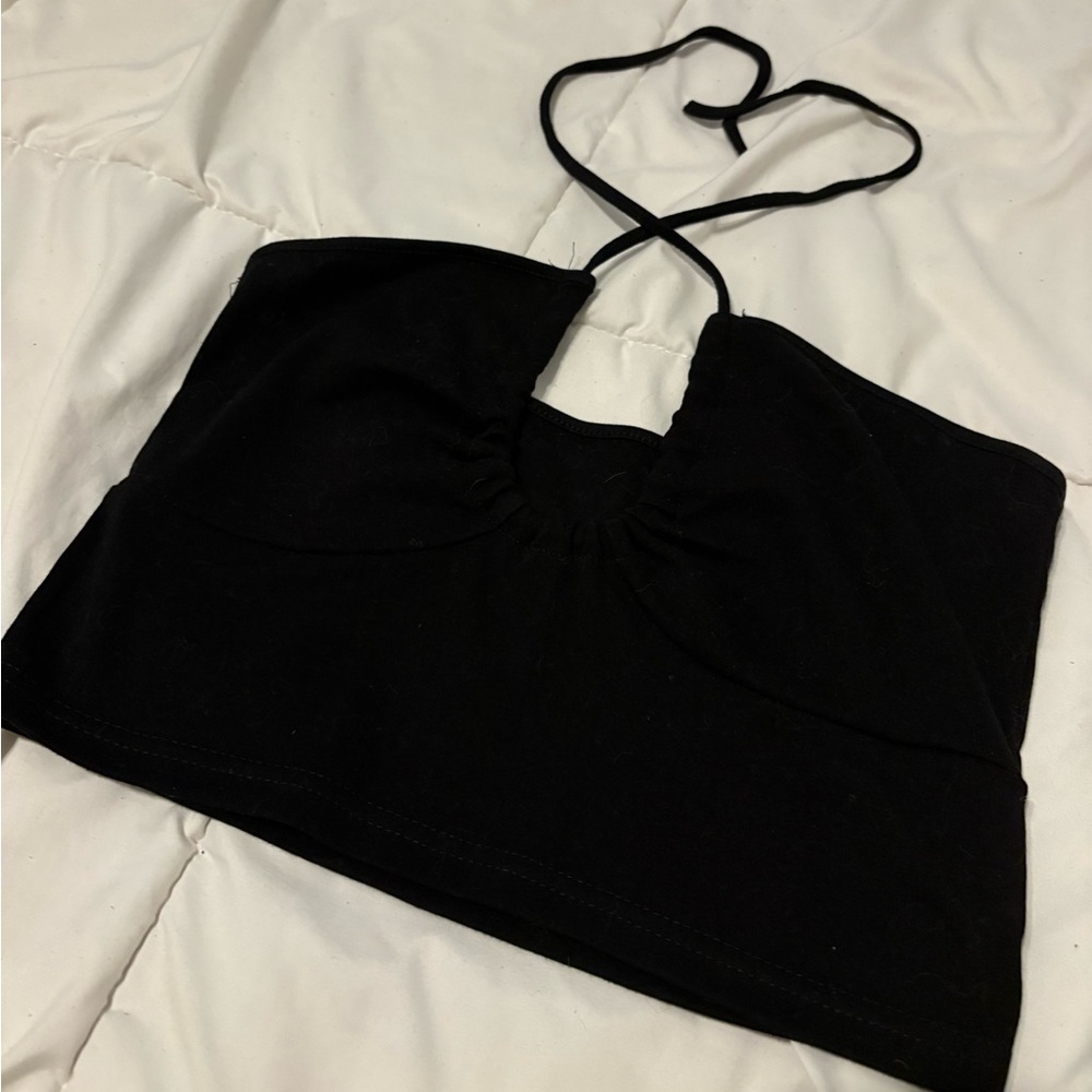 SHEIN cropped halter tank top, black, size small.